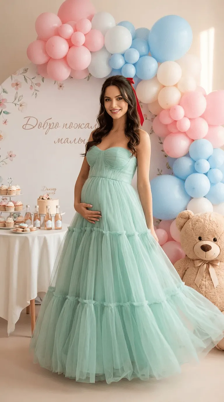 Фотосессия беременной на baby shower с шарами и плюшевым мишкой промт для нейросети