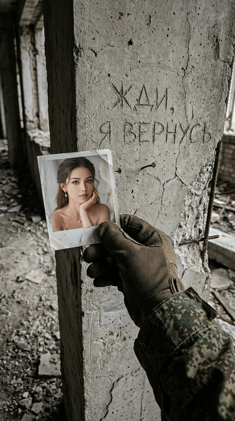 Реалистичная военная ИИ фотосессия: рука с фото любимой на фоне надписи «ЖДИ, Я ВЕРНУСЬ» промтом