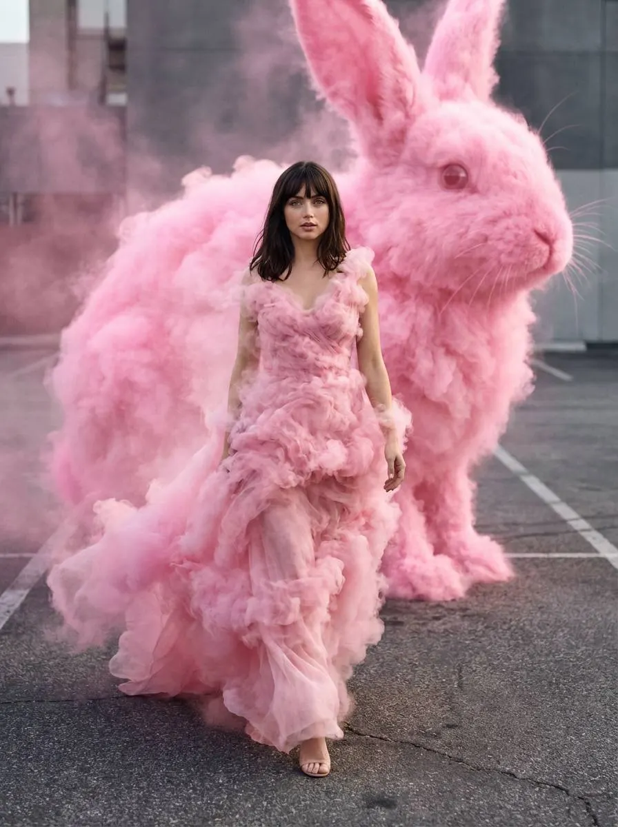 Фантазийная fashion фотосессия девушки в платье из розового дыма на парковке с сохранением лица 1:1 промт для нейросети ии