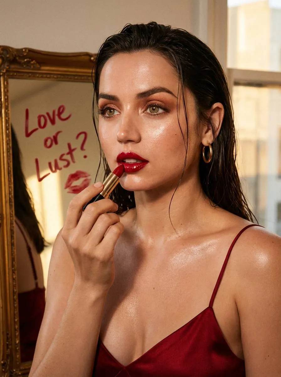 Промт для high-end beauty ИИ фотосессия у винтажного зеркала с помадой и надписью красной помадой