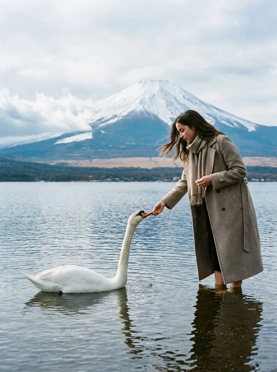 Промт премиальная travel ИИ фотосессия у озера с горой Фудзи и белым лебедем в пленочном стиле