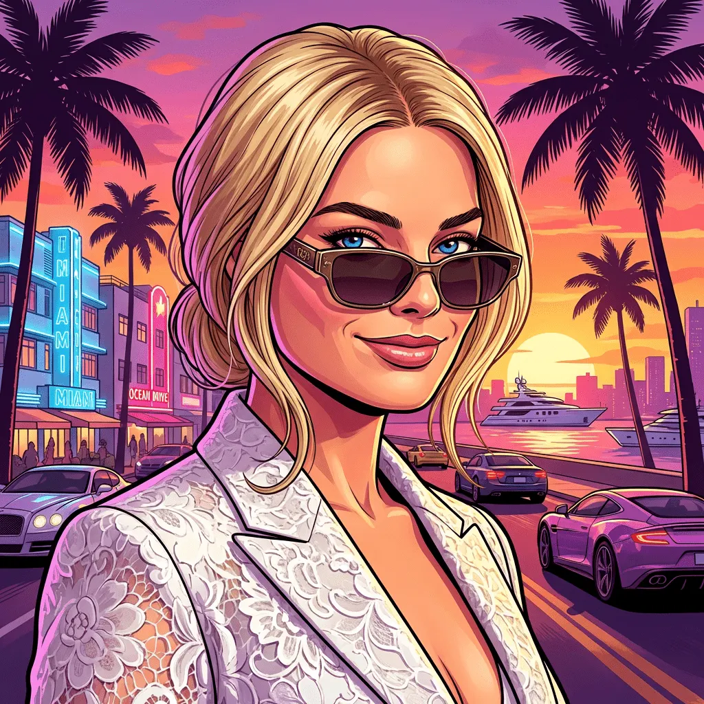 Экран загрузки фотосессия в стиле GTA VI с лицом девушки и закатом Майами промт для нейросети