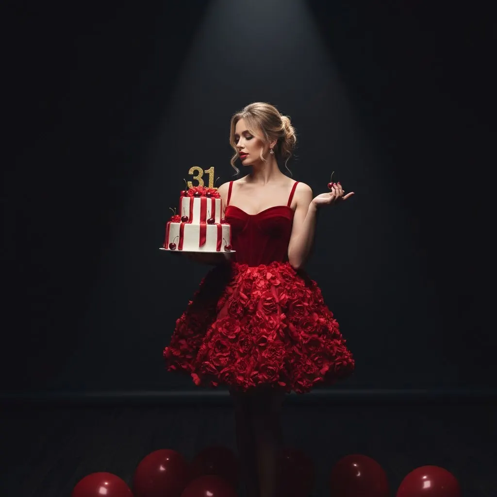 Фотосессия женщины в красном платье с тортом 31 и вишней фэшн студия промт для ИИ