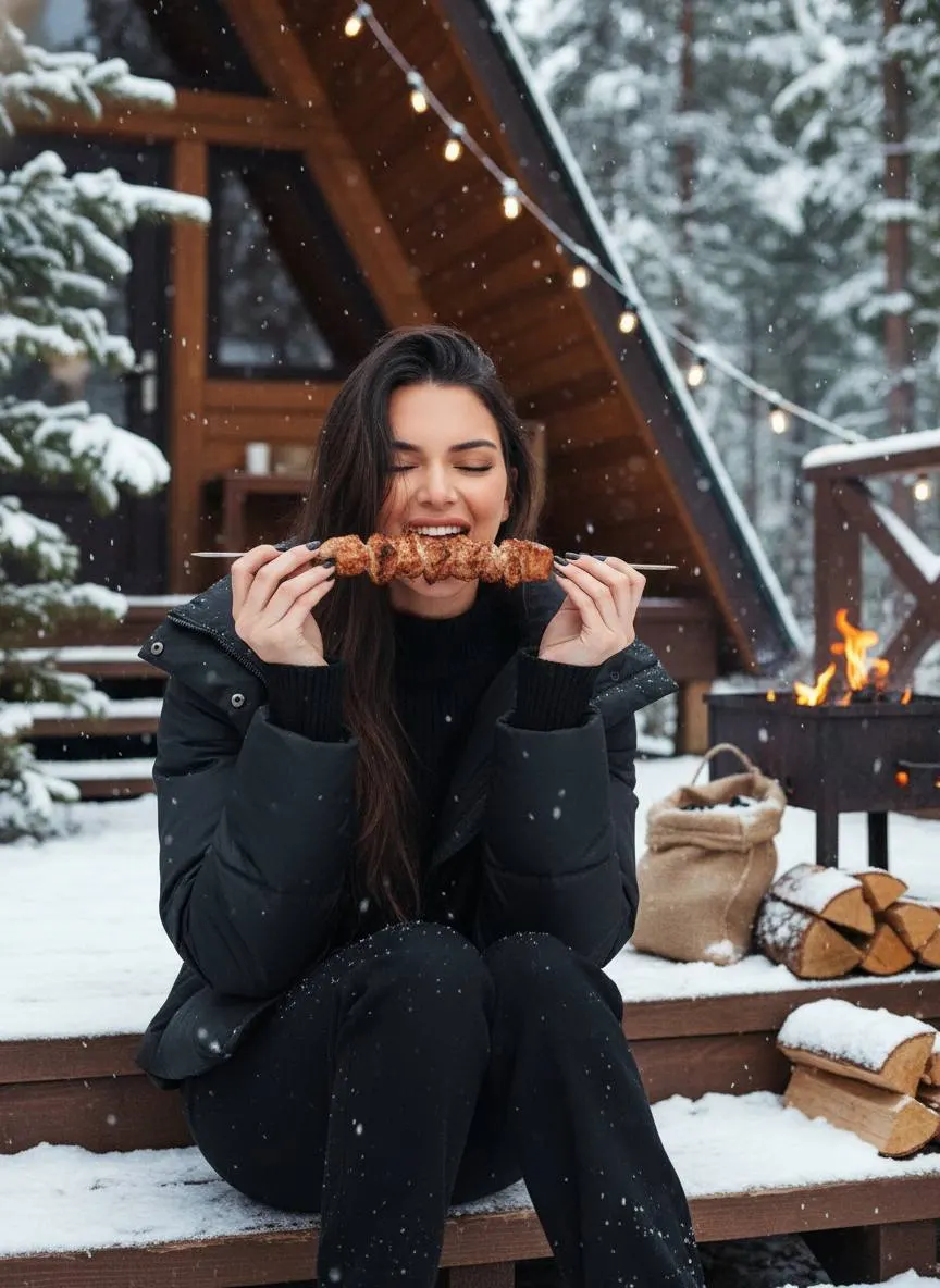 Зимняя фотосессия у домика A-frame с шашлыком — промт для ультрареалистичного фото через ИИ