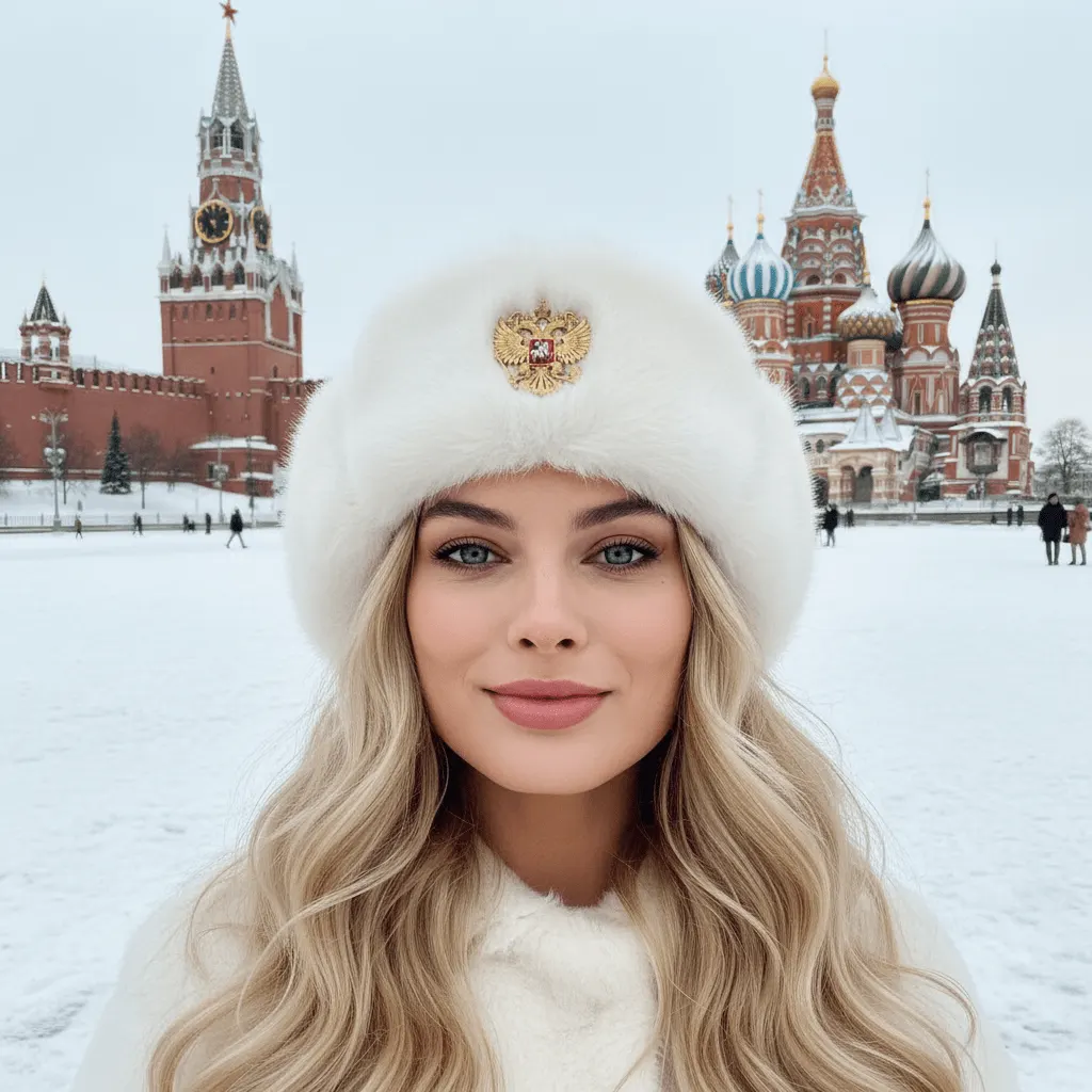 Промт для ИИ селфи девушки на Красной площади зимой в ушанке через нейросеть