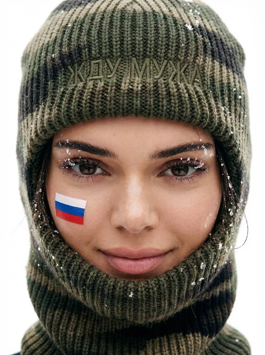 Промт модное фото через ИИ с женщиной в камуфляжной вязаной балаклаве на 23 февраля ЖДУ МУЖА и флагом России на щеке