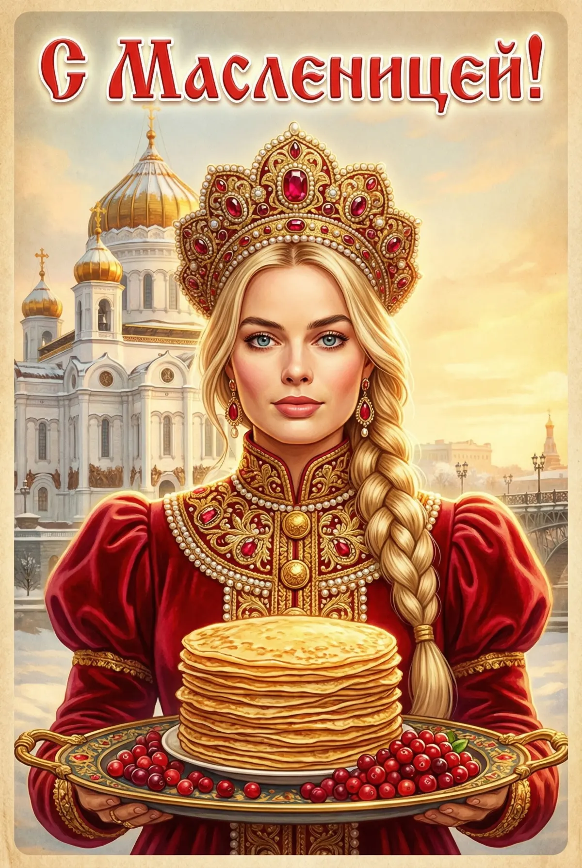 Промт на Масленицу: царская масленичная открытка с девушкой в красном бархатном наряде и блинами на фоне русского собора, нейросеть ИИ по фото