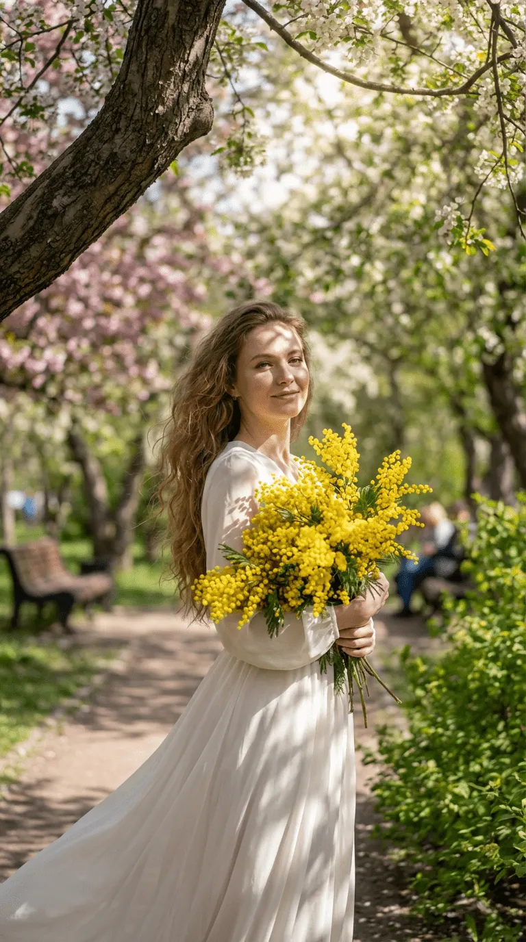 Фотосессия ИИ девушка с букетом мимозы в бежевом тренче в весеннем парке промт нейросеть