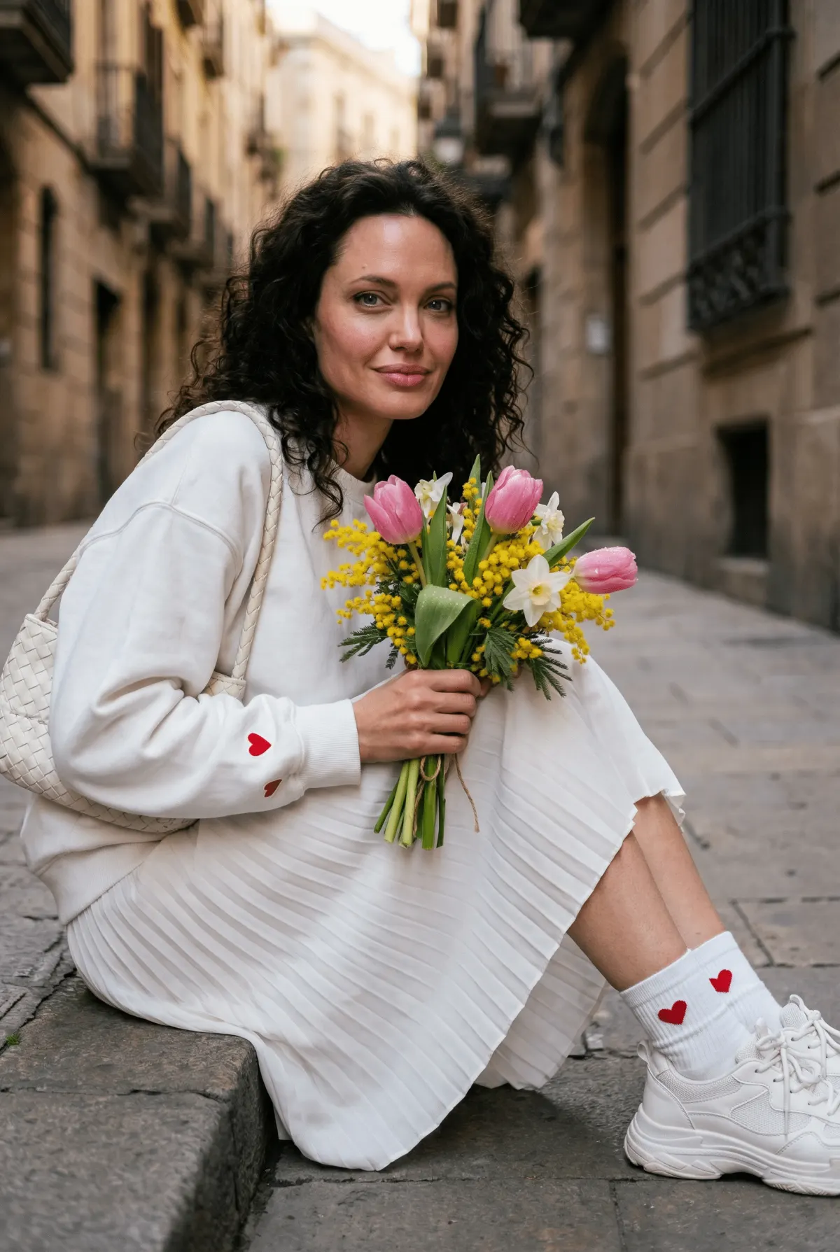 Весенняя городская фотосессия с букетом на старой улице — промт для нейросети ИИ