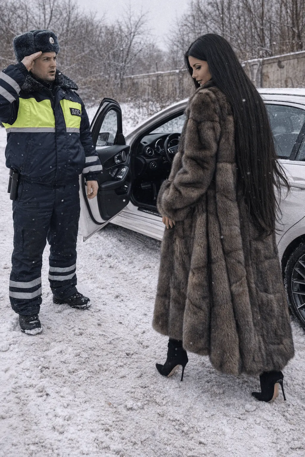 Промт для фотосессии: Девушка в шубе садится в Mercedes, а инспектор ДПС отдаёт честь