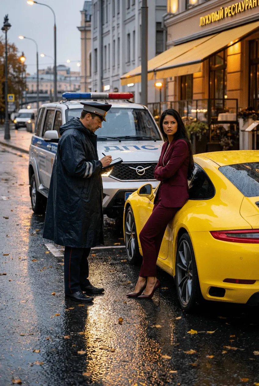 Промт для фотосессии: Девушка у желтого Porsche и ДПС на мокрой набережной осенью
