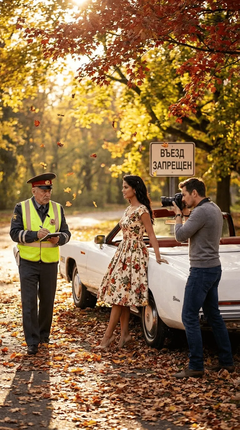 Промт для фотосессии: Девушка у Cadillac в осеннем парке и инспектор ГИБДД