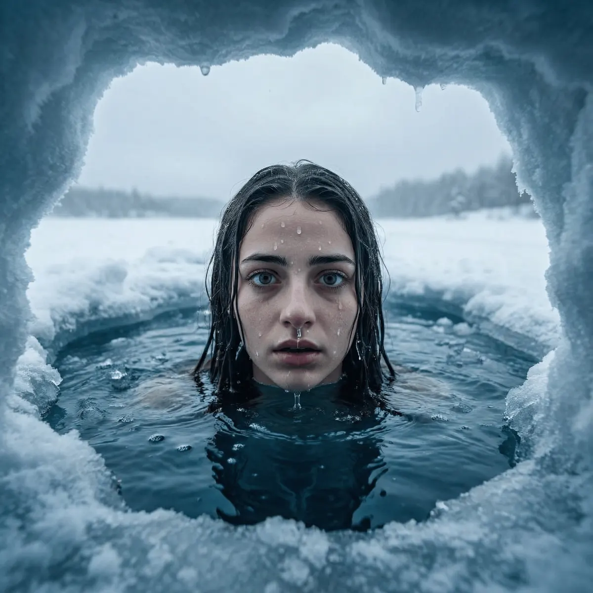 Промт для фотосессии через ИИ: кинематографическая зимняя фотосессия от первого лица из проруби с всплывающей девушкой в ультрареализме