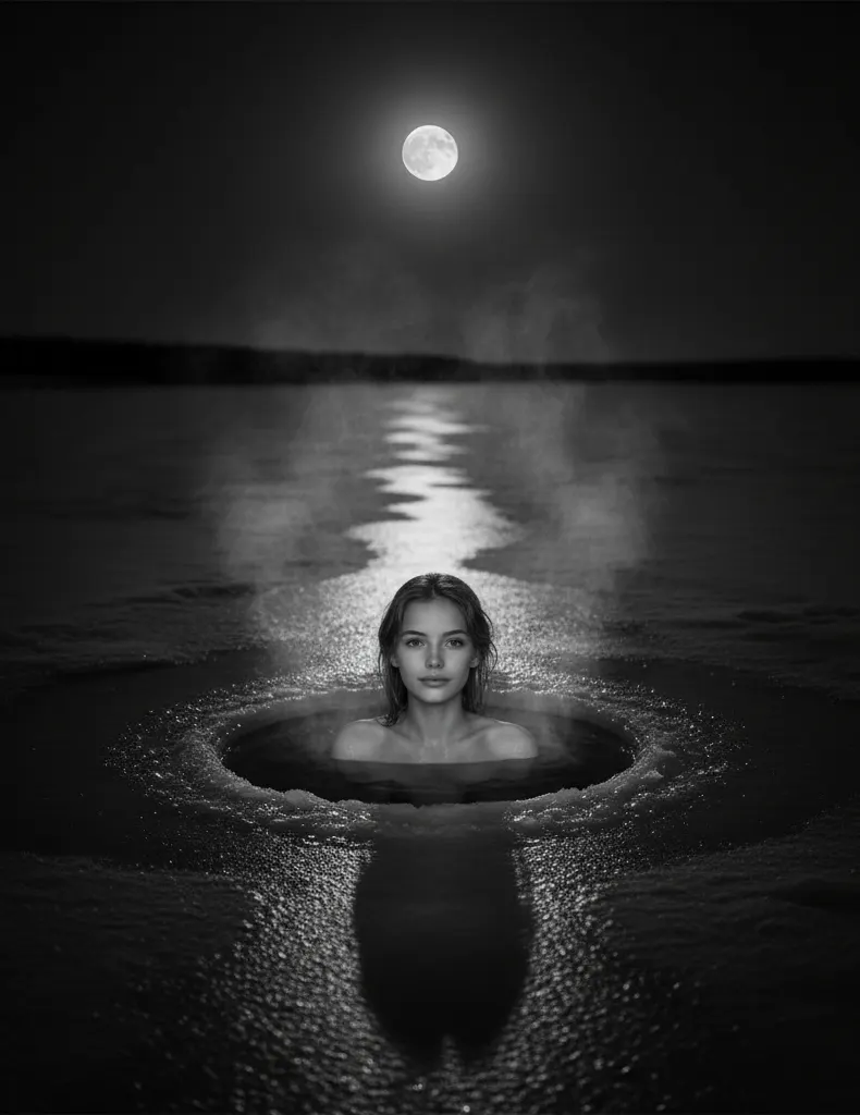 Промт для фотосессии через ИИ: мистическая ночная фотосессия девушки в круглой проруби при свете полной луны в монохроме