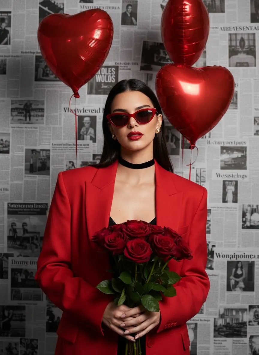 Промт для фотосессии через ИИ: красная fashion‑фотосессия уверенной девушки с букетом роз и сердечными шарами на фоне газетной стены