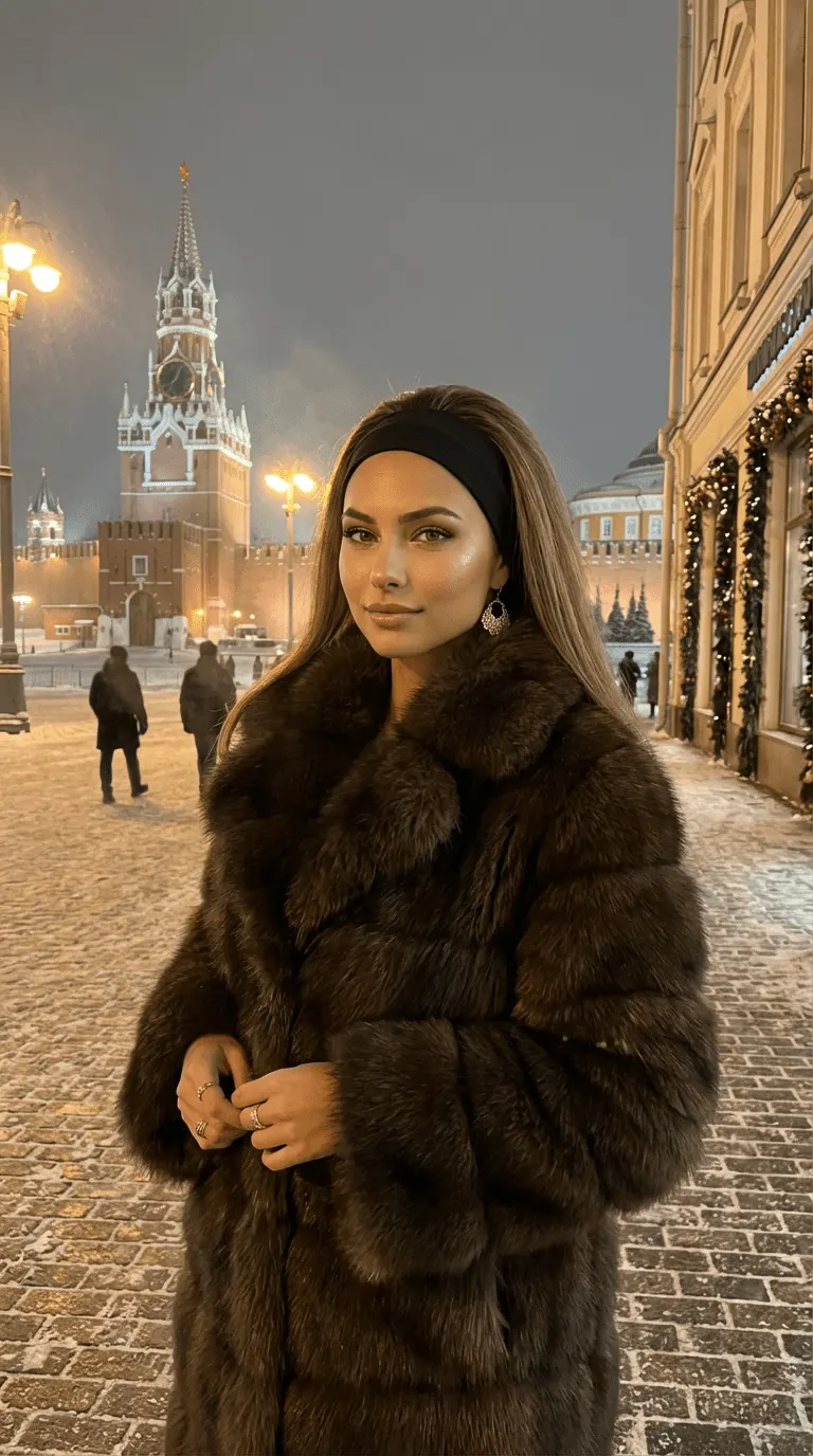 Промт зимней кинематографичной фотосессии девушки у Кремля в тёмно‑коричневой шубе с гирляндами через ИИ