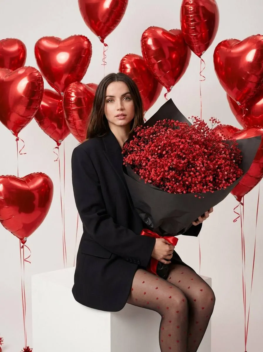 Гиперреалистичная ИИ фотосессия в стиле высокой моды Vogue с букетом красной гипсофилы и шарами-сердцами — подробный промт для генерации фото через нейросеть