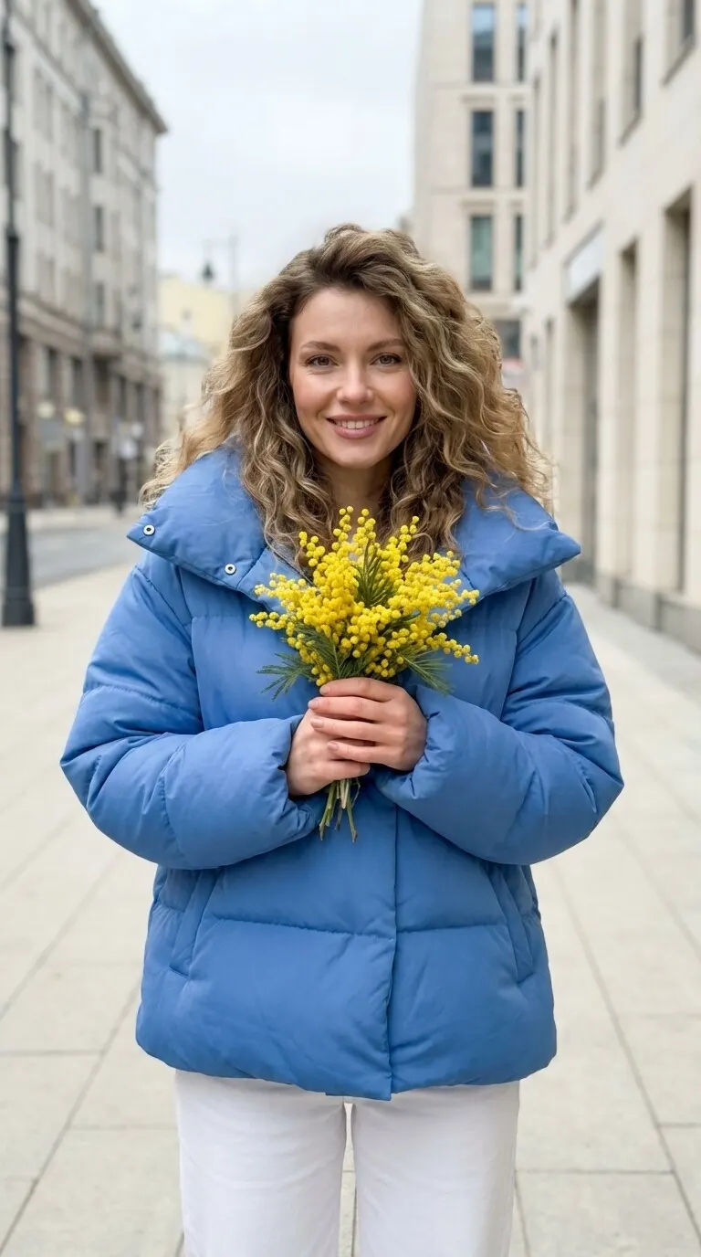 Фотосессия ИИ девушка в синей куртке с мимозой на улице промт нейросеть