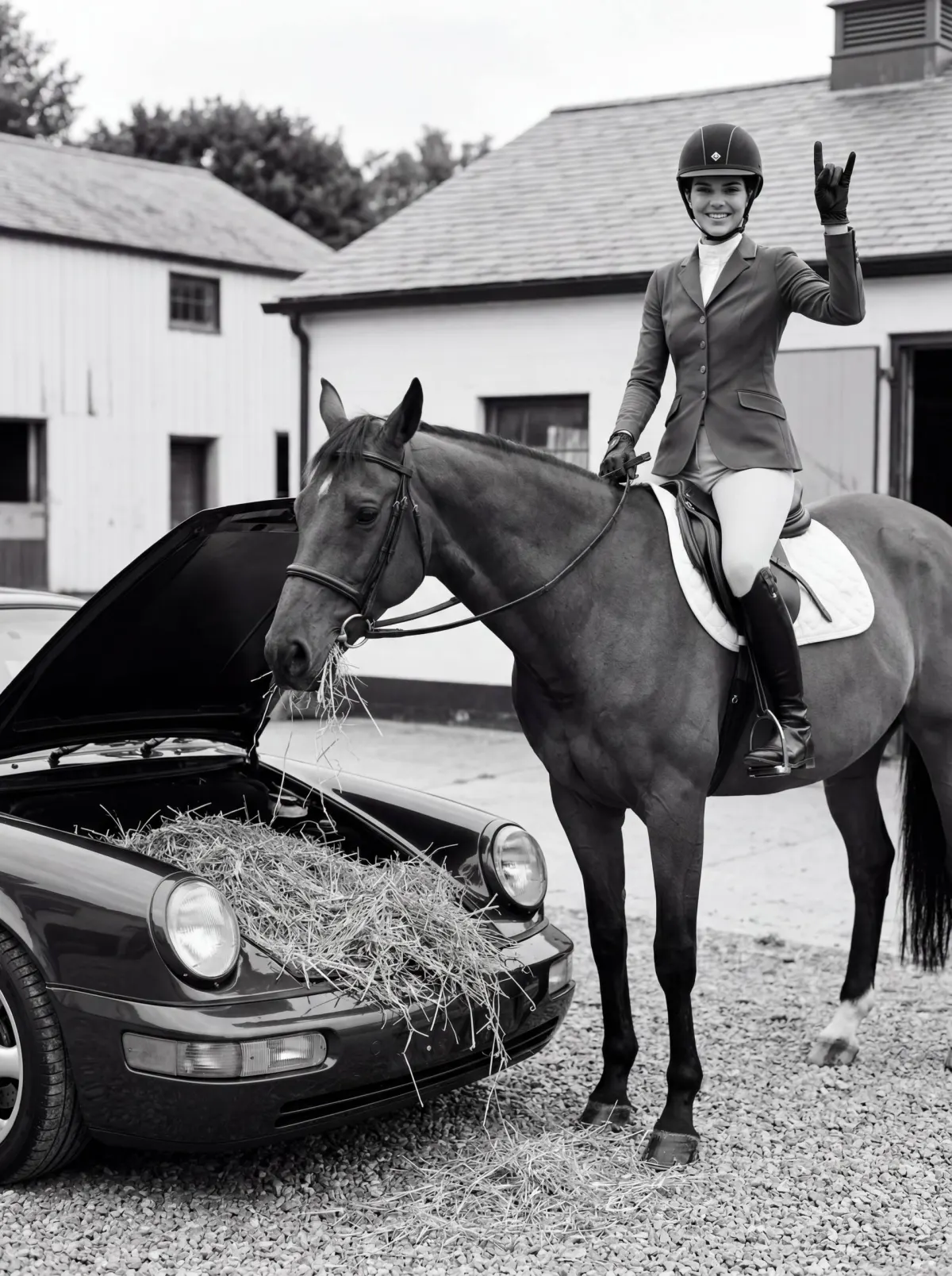 Промт ИИ чёрно‑белая фотосессия в конюшенном дворе с Porsche 911, лошадью и наездницей в полной амуниции