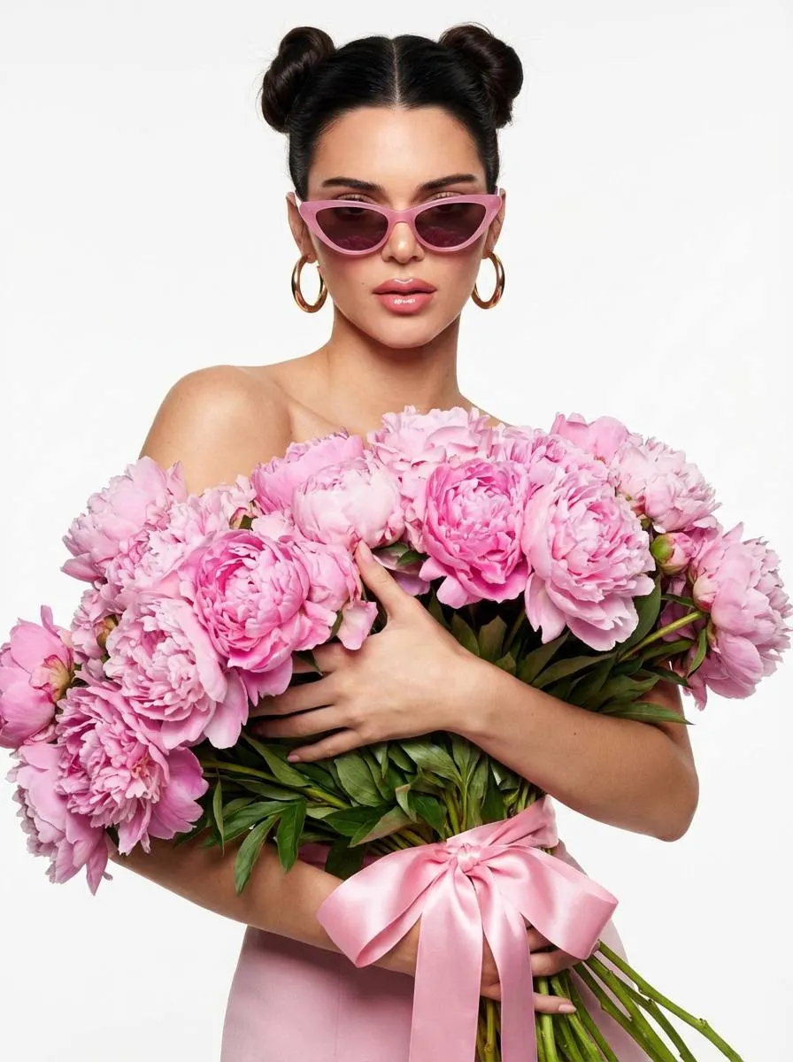 Игривая fashion-фотосессия взрослой женщины в платье из розовых пионов через нейросеть промт для ИИ