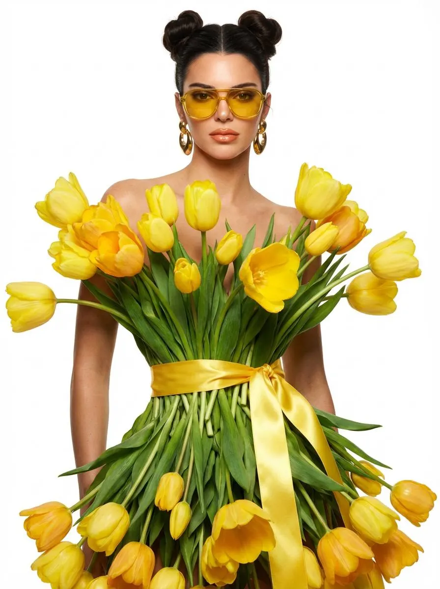 Яркая fashion-фотосессия женщины в платье из жёлтых тюльпанов через нейросеть промт для ИИ