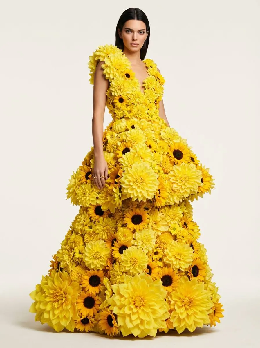 Яркая fashion-фотосессия в длинном платье из жёлтых цветов через нейросеть промт для ИИ