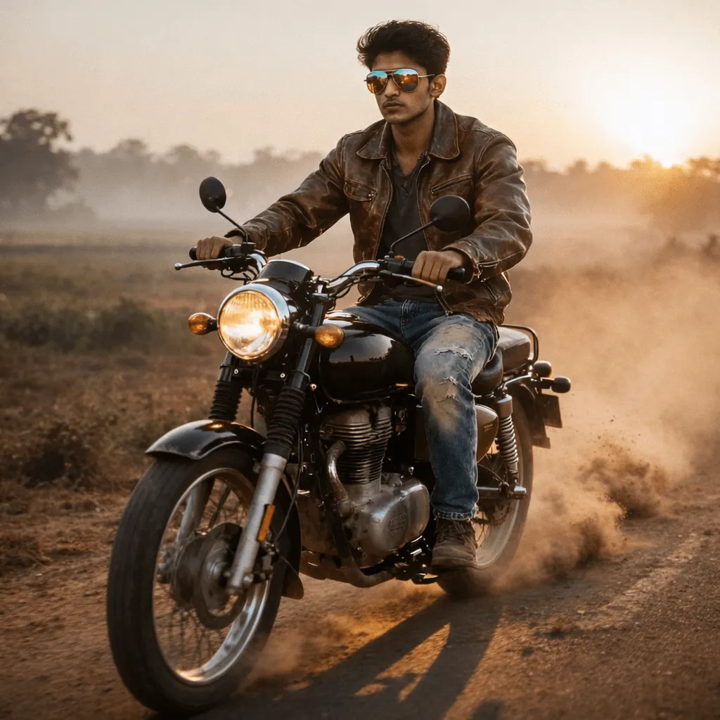 Реалистичный портрет мужчины на мотоцикле Royal Enfield на пыльной дороге на закате промт для генерации через ИИ
