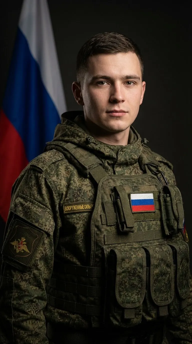 Молодой военный в студии с флагом России реалистичное фото промт для нейросети