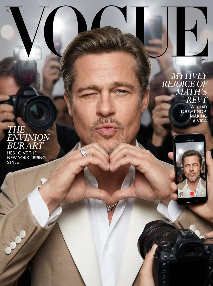 Промт реалистичная мужская Vogue ИИ обложка с модным портретом, подмигиванием и жестом сердечко среди камер