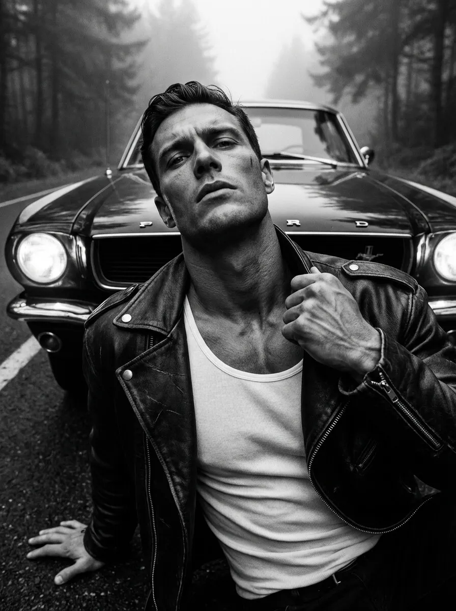 Черно-белая мужская фотосессия через ИИ промт у старого Mustang в тумане крупным планом