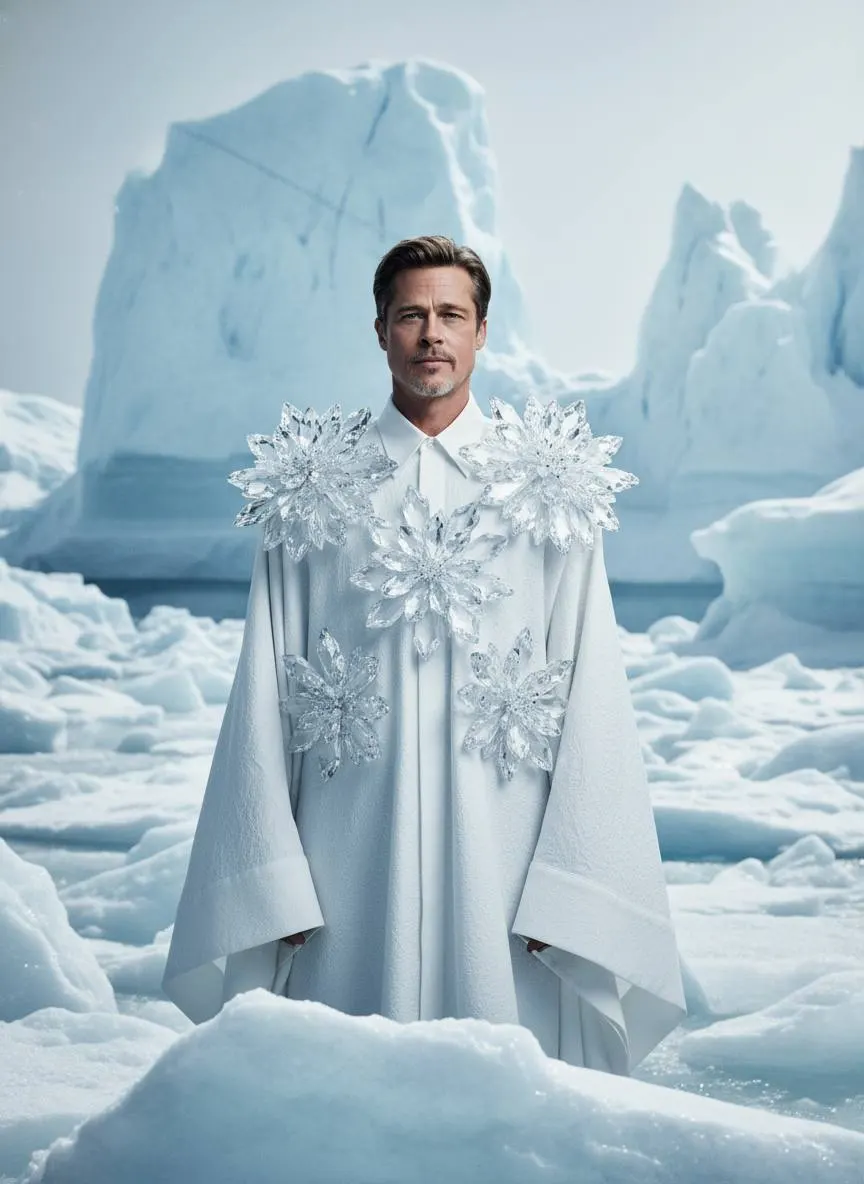 Промт ледяная haute couture фотосессия парня среди арктических льдов через нейросеть ИИ
