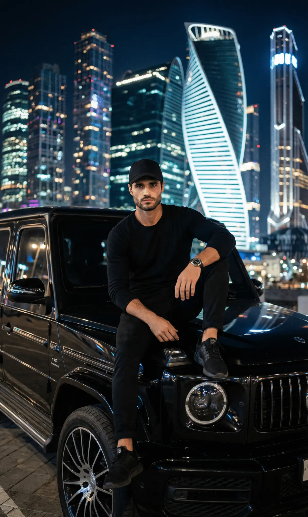Промт мужской ночной фотосессии на капоте чёрного Mercedes G‑класса в огнях города через ИИ