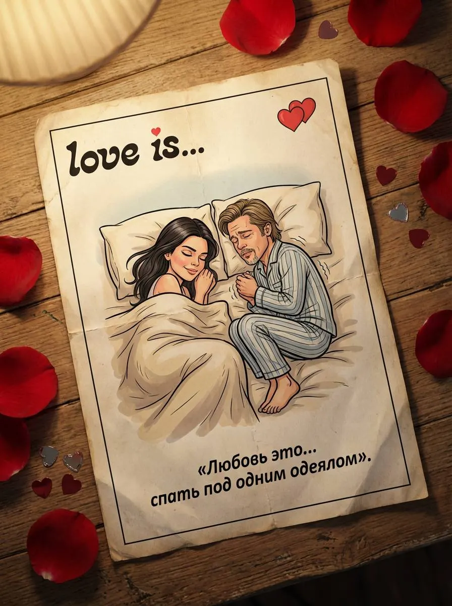 Промт для фотосессии через ИИ: винтажный вкладыш «Love is» с нашей парой на столе в стиле 90‑х ко Дню святого Валентина