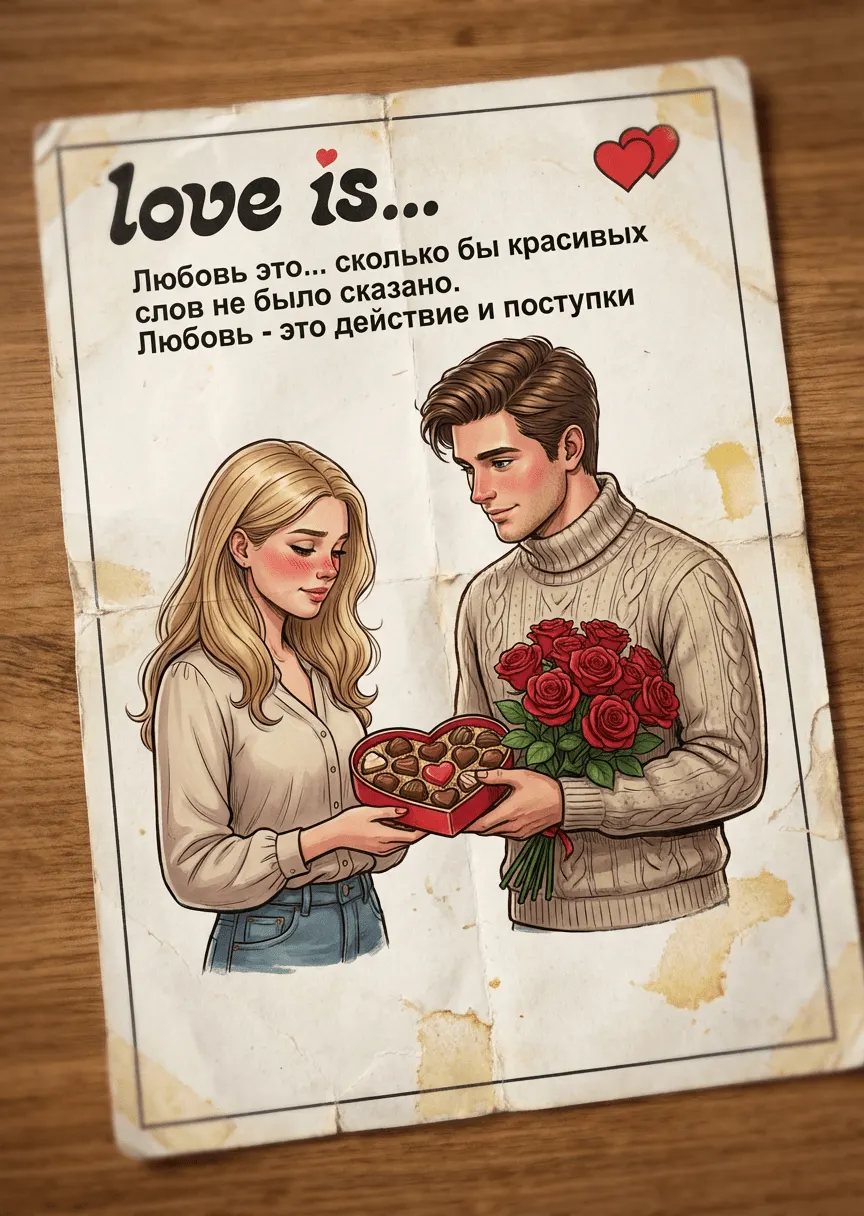 Винтажный вкладыш Love is по фото пары с шоколадом и розами промт для нейросети ​