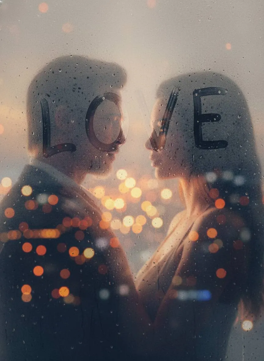 Промт кинематографическая ИИ фотосессия за запотевшим окном с надписью love и объятиями пары на фоне огней города