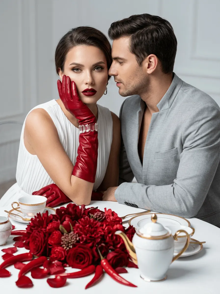 Промт стильная красно-белая fashion-фотосессия пары за столом через ИИ