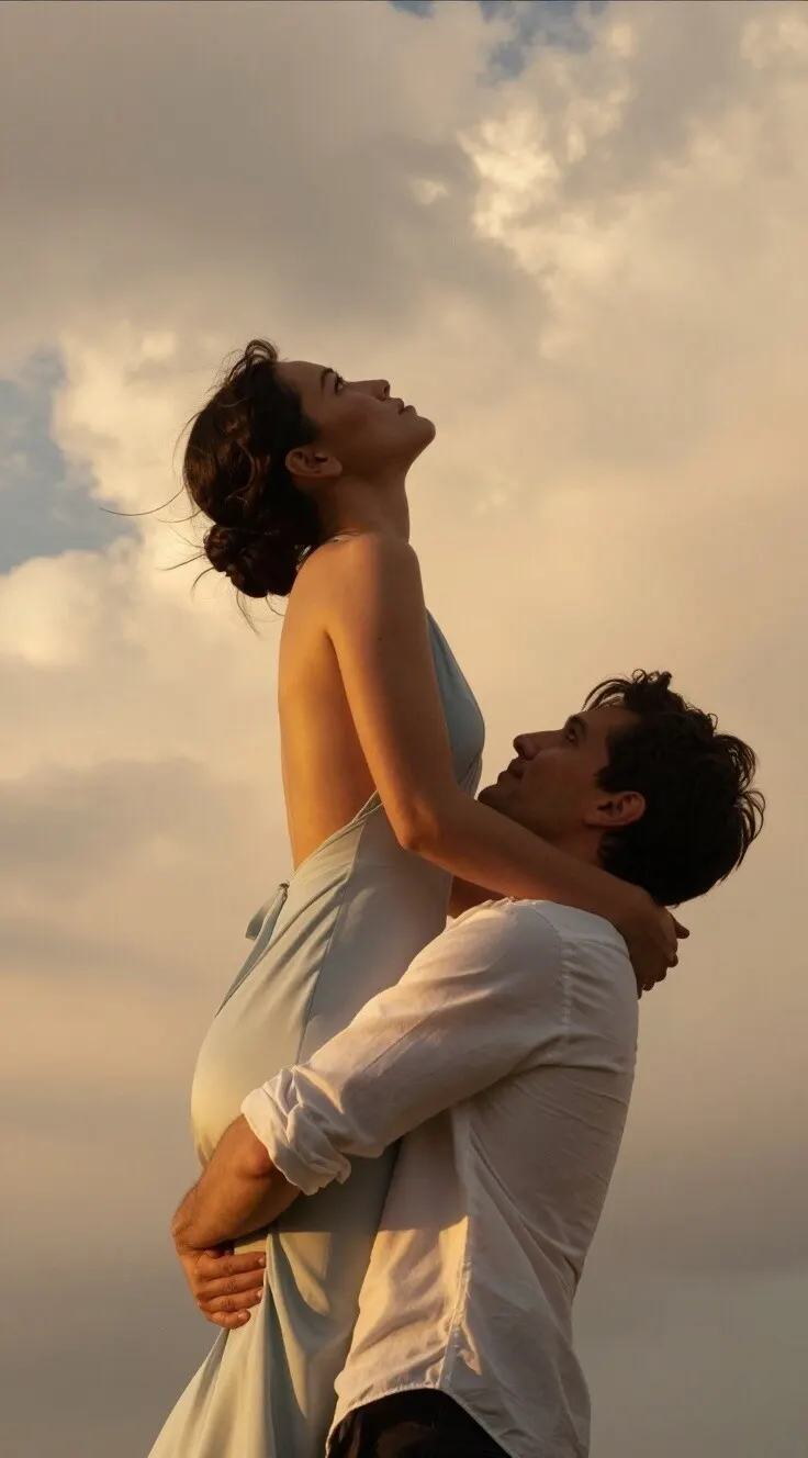 Промт кинематографичная love story: мужчина держит женщину на руках на фоне закатного неба через ИИ