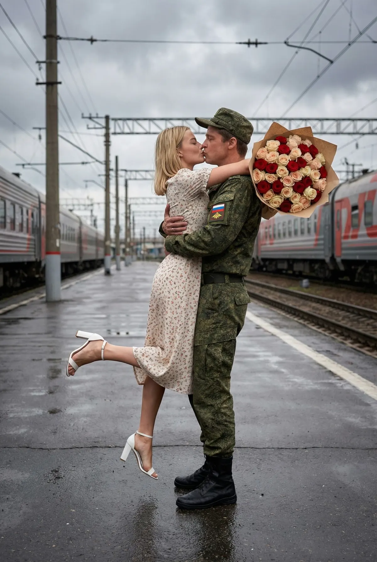 Встреча военного и девушки с поцелуем на железнодорожном вокзале под пасмурным небом промт для нейросети
