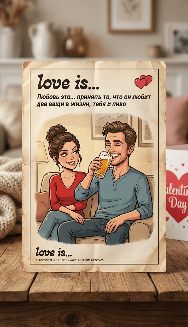 Винтажный вкладыш Love is по фото пары про пиво и любовь промт для нейросети ​