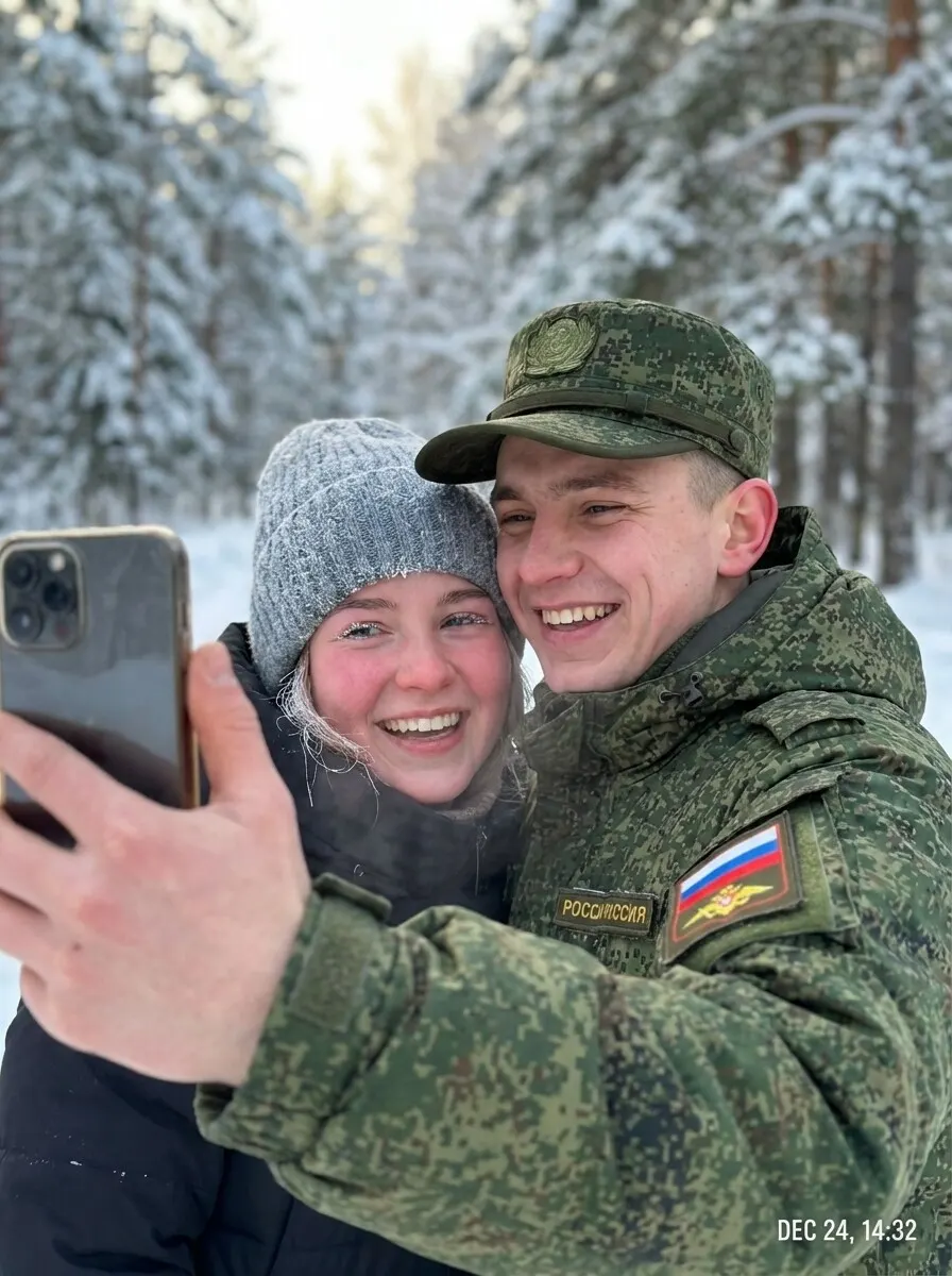 Зимнее селфи военного в форме России и девушки в вязаной шапке с розовыми щеками промт для нейросети