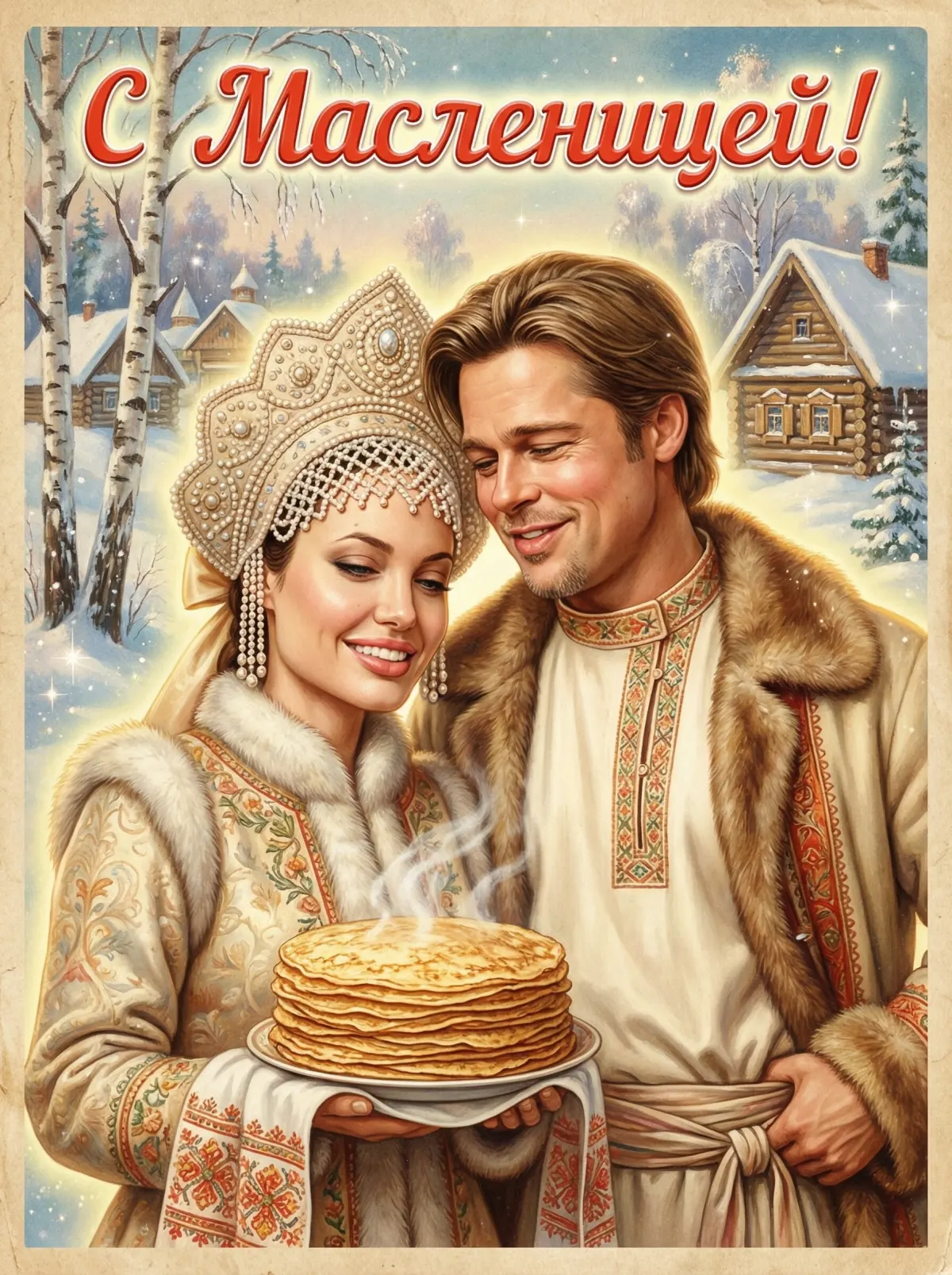Промт на Масленицу: винтажная советская открытка с мужчиной и женщиной в русских нарядах, крупный семейный портрет с блинами, нейросеть ИИ по фото