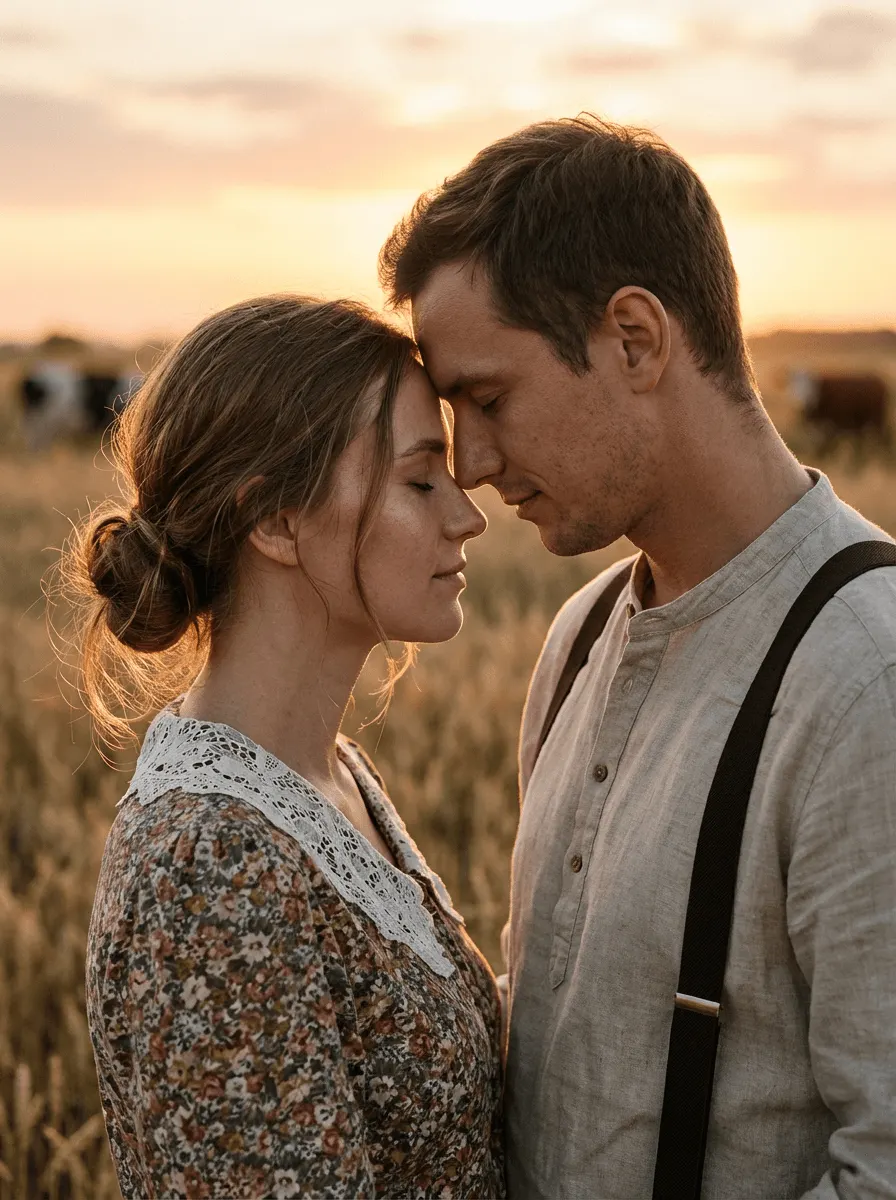 Промт рустикальная love story пары в пшеничном поле на закате через ИИ