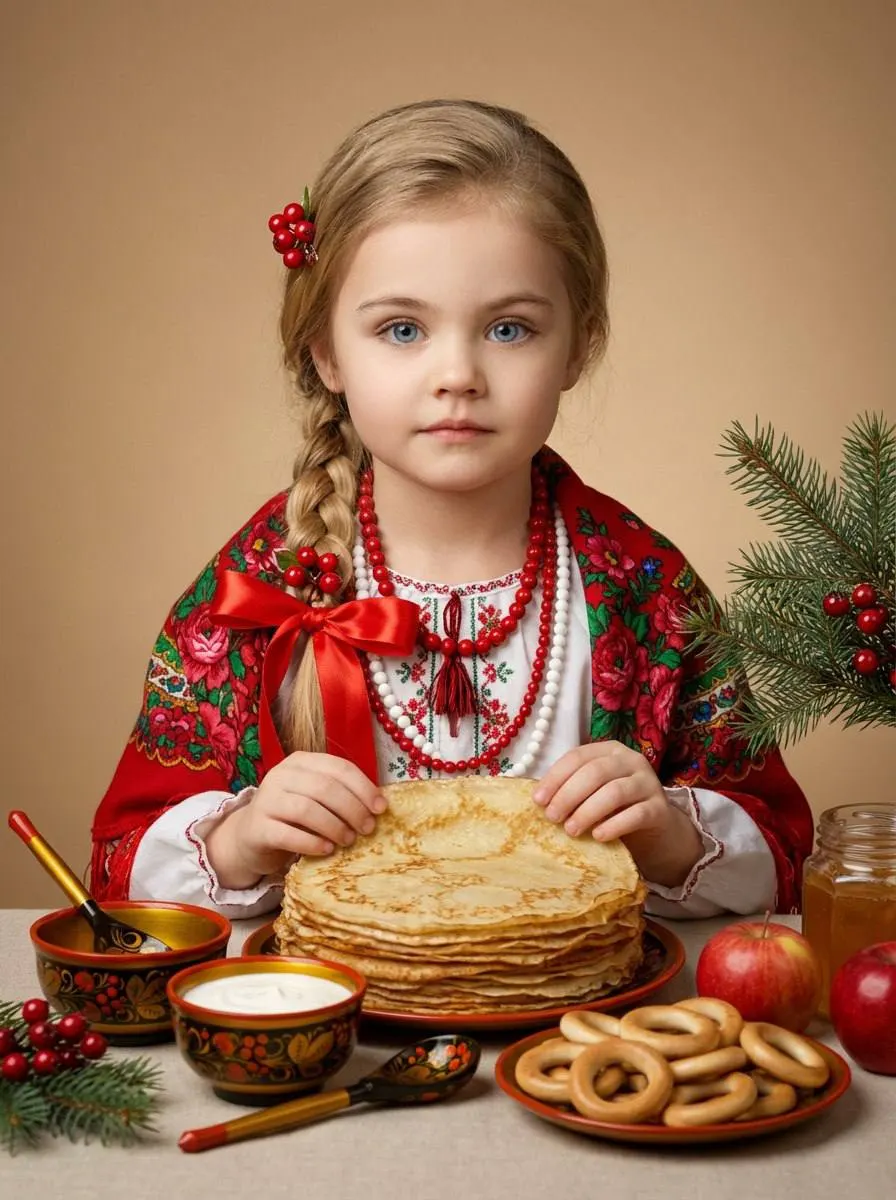 Промт масленица с ребёнком за столом с блинами в русской избе для генерации фото через ии