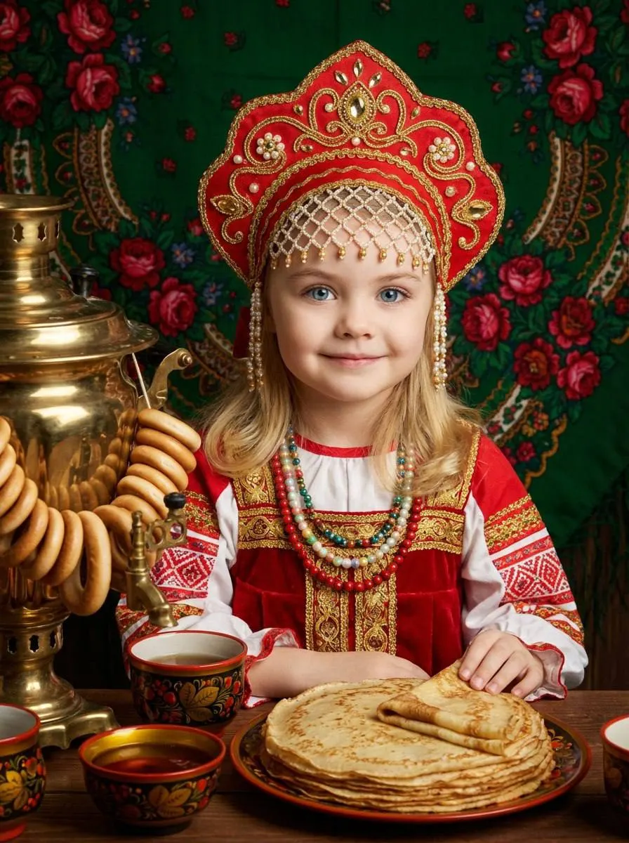 Промт масленица студийное фото ребёнка в красном сарафане и кокошнике с блинами и самоваром для генерации фото через ии
