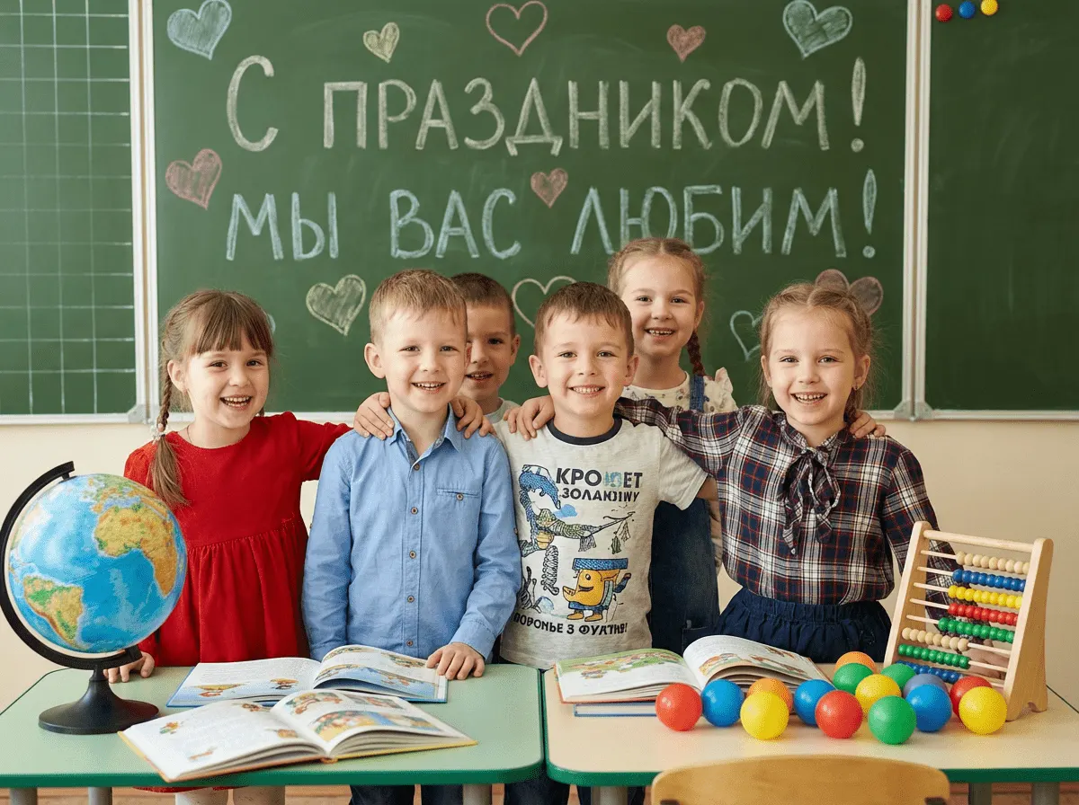 Детская праздничная фотосессия в классе у школьной доски промт для ИИ