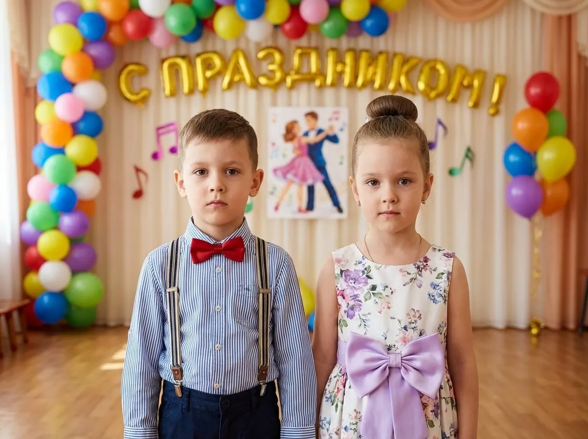 Использовать лица детей с загруженных фото. Яркое праздничное гиперреалистичное фото. Праздничная сцена в детском саду: в центре кадра два ребенка — мальчик и девочка, стоящие рядом и смотрящие прямо в камеру. Мальчик одет в сине-белую полосатую рубашку с