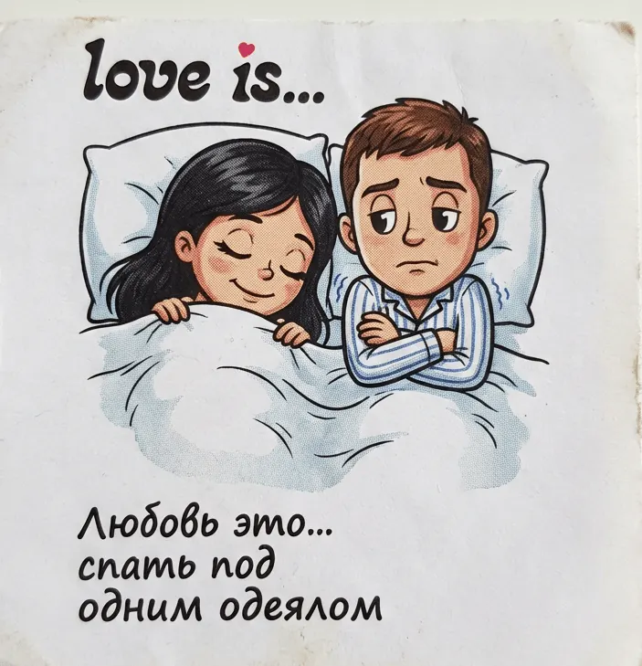 Фотосессия винтажный вкладыш Love is промтом про сон под одним одеялом