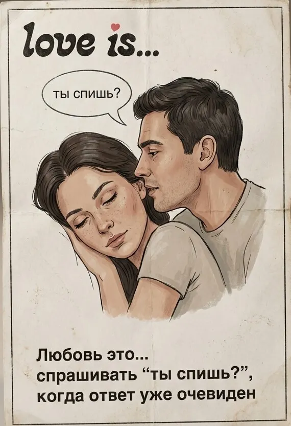 Фотосессия винтажный вкладыш Love is промтом про «ты спишь?» ночью