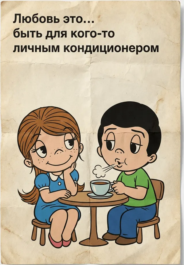 Вкладыш Love is с чаем и шуткой про кондиционер — промт для генерации фото