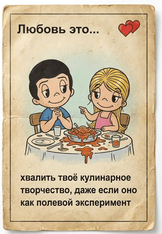 Вкладыш Love is с кулинарным экспериментом за столом — промт для генерации фото